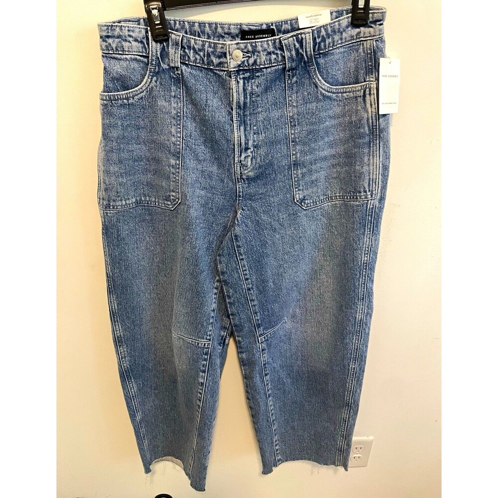 Free Assembly Women’s Barrel Jeans Blue Solid Denim Pockets Zip Button Size 14